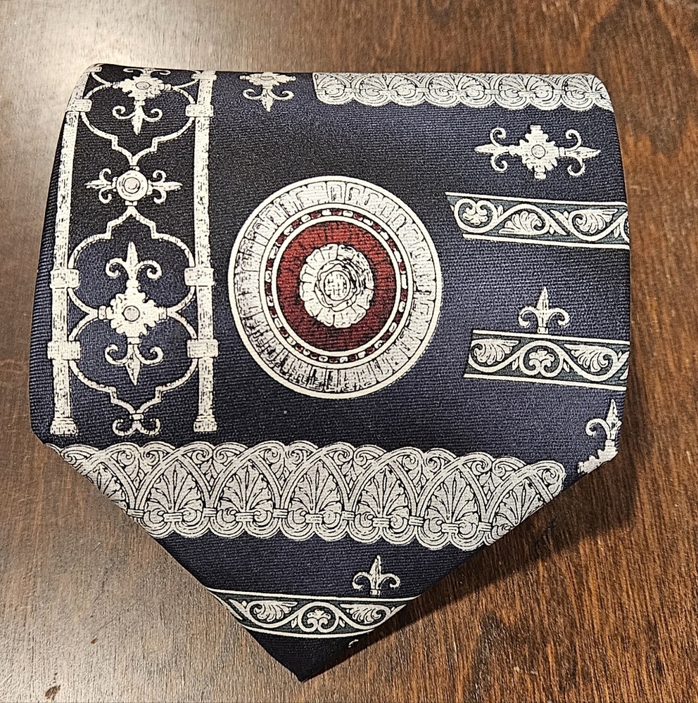 Vintage Pierre Cardin Silk Tie 80s 90s Navy Ornamental Medallion Pattern